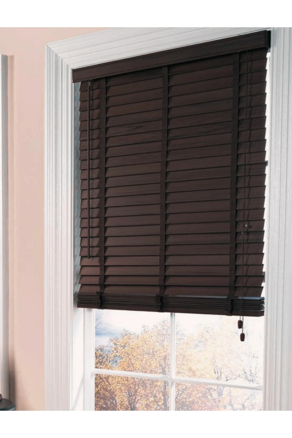 Wooden Blinds %100 Doğal Ahşap Jaluzi Perde 50mm,Alüminyum Kasalı Yüksek Kaliteli - Koyu Kahve (KURDELALI) YS/W0010PWB