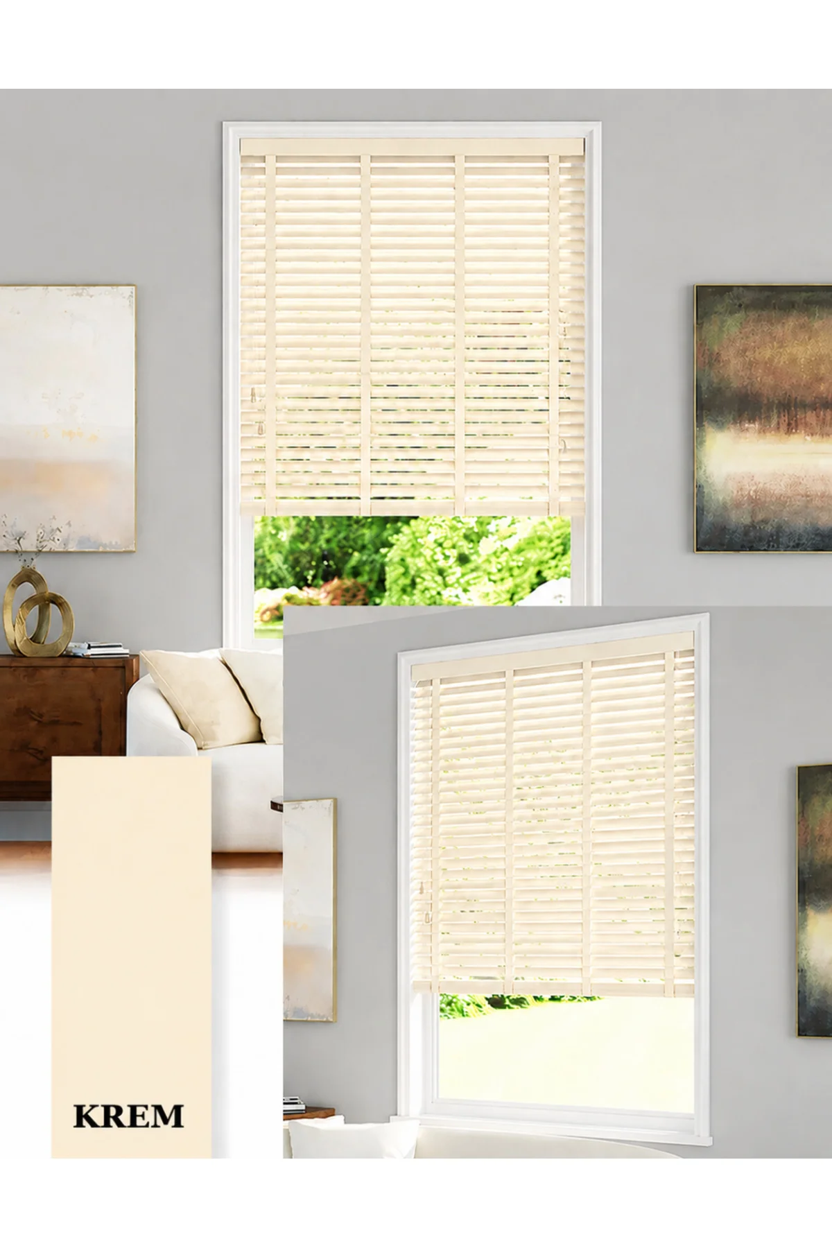Wooden Blinds %100 Doğal Ahşap Jaluzi Perde 50mm,Alüminyum Kasalı Yüksek Kaliteli - Krem J46PWB