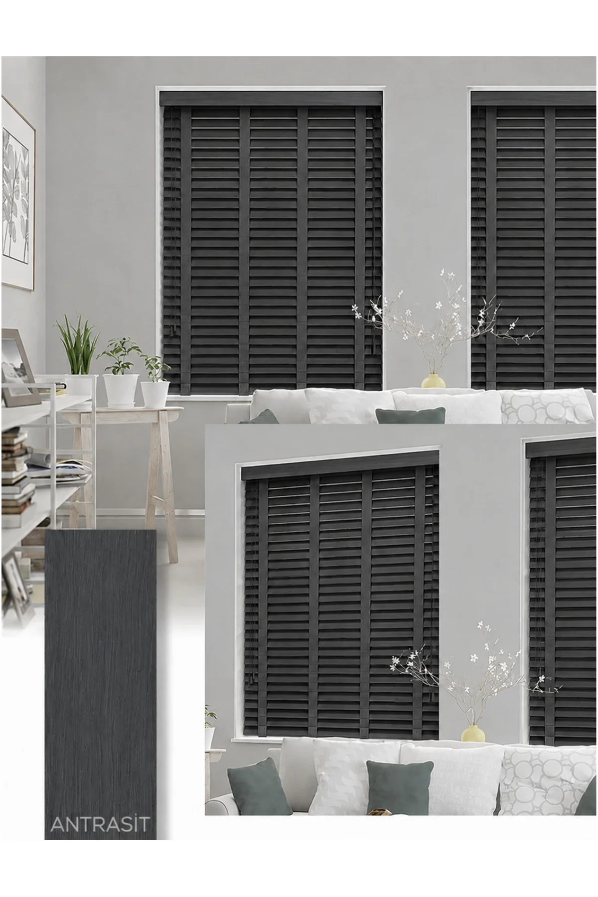 Wooden Blinds %100 Doğal Ahşap Jaluzi Perde 50mm,Alüminyum Kasalı Yüksek Kaliteli - Antrasit 006PWB