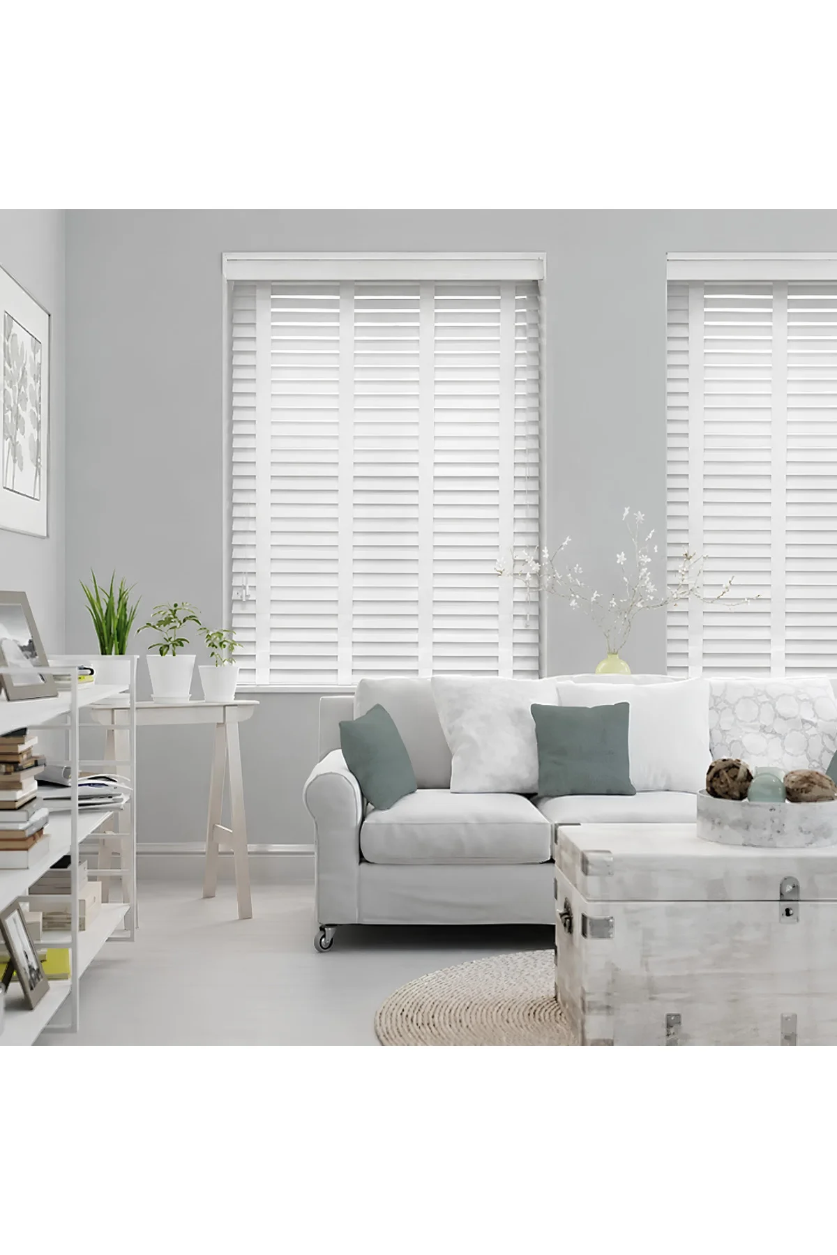 Wooden Blinds %100 Doğal Ahşap Jaluzi Perde 50mm,Alüminyum Kasalı Yüksek Kaliteli - Beyaz 001PWB