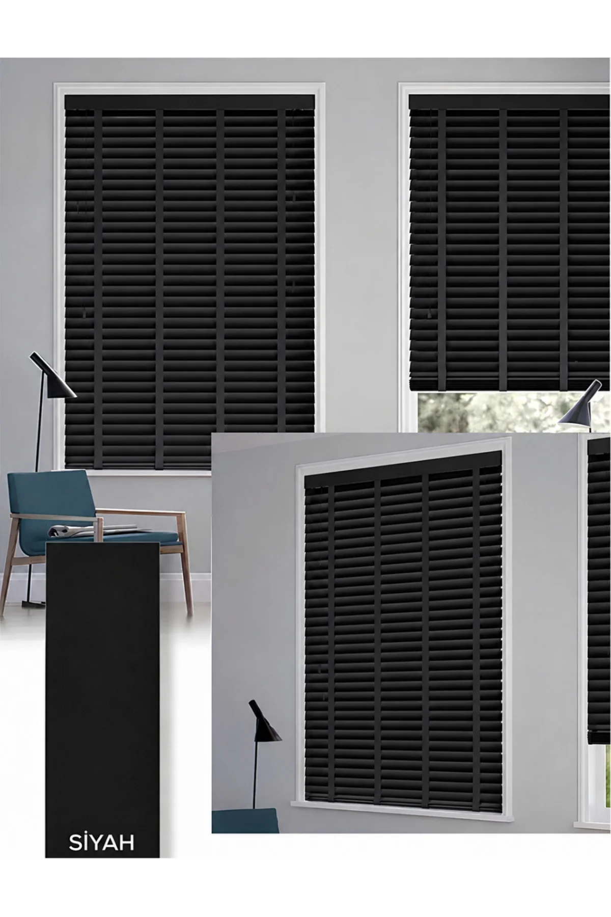 Wooden Blinds %100 Doğal Ahşap Jaluzi Perde 50mm, Alüminyum Kasalı Yüksek Kaliteli - SİYAH (KURDELALI) XQ003PW
