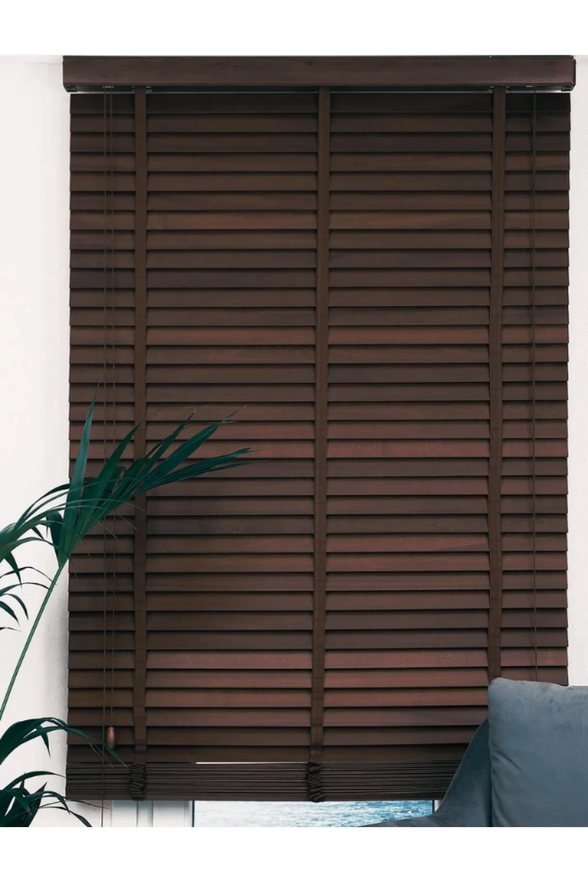 Wooden Blinds %100 Doğal Ahşap Jaluzi Perde 50mm,Alüminyum Kasalı Yüksek Kaliteli - Koyu Kahve (KURDELALI) YS/W0010PWB