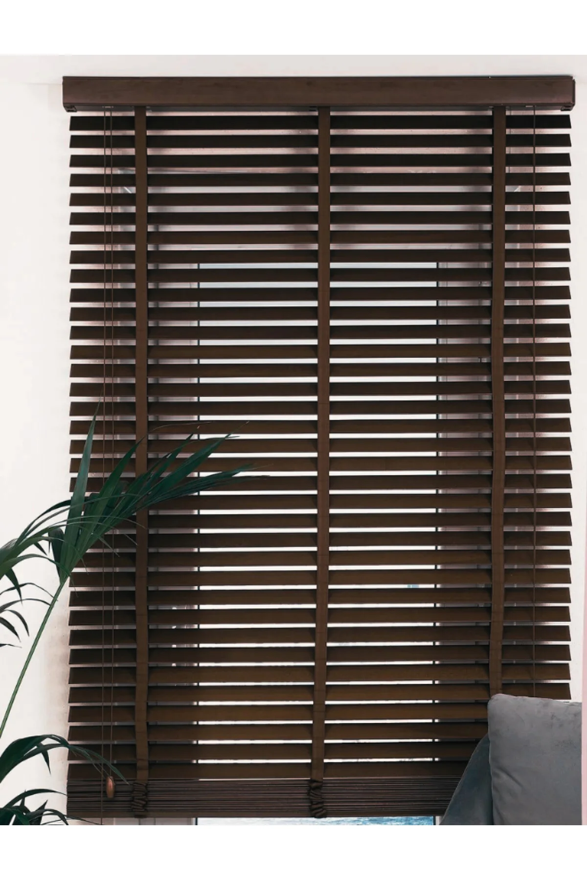 Wooden Blinds %100 Doğal Ahşap Jaluzi Perde 50mm,Alüminyum Kasalı Yüksek Kaliteli - Koyu Kahve (KURDELALI) YS/W0010PWB