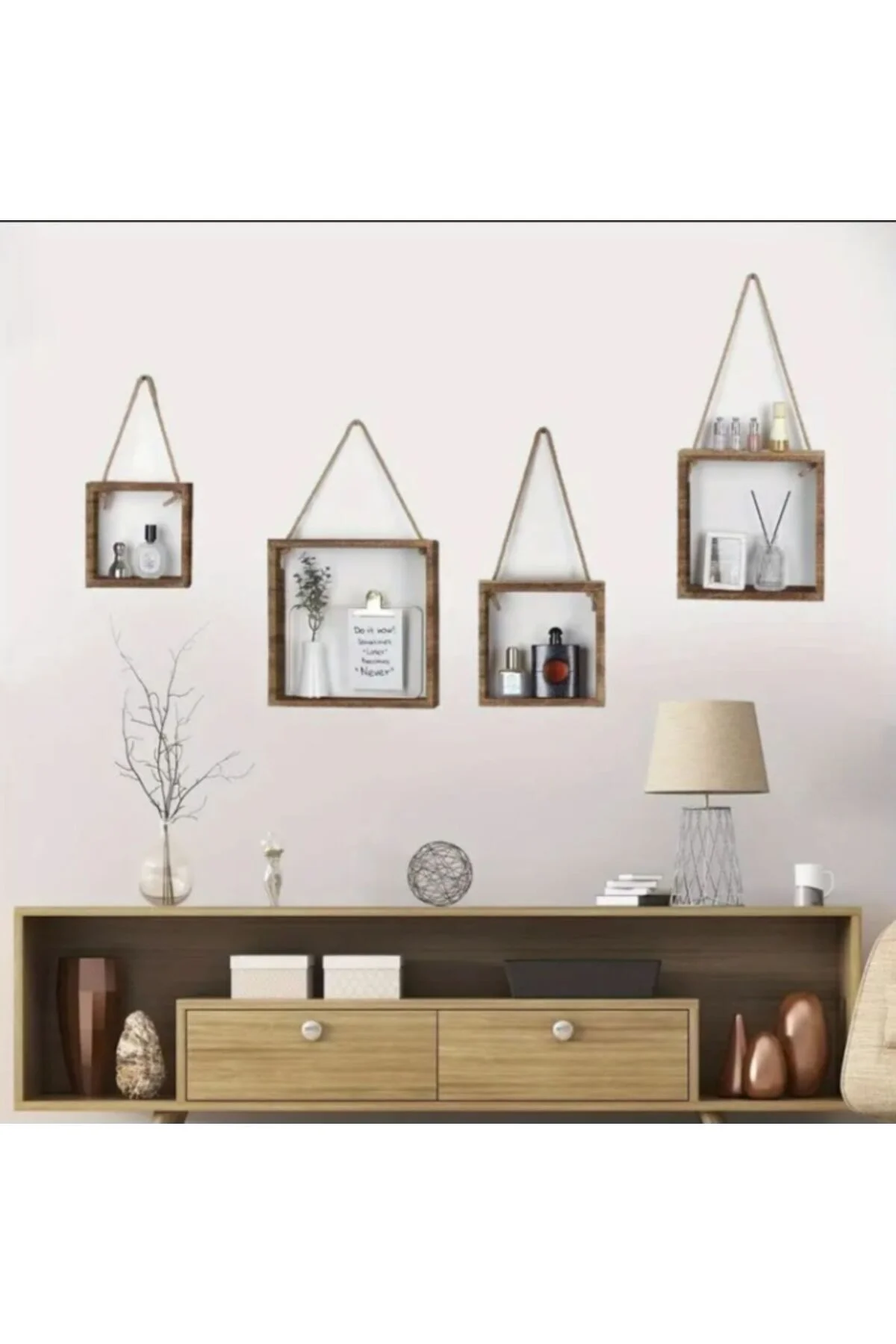 wooden by boss 4'lü ikonik halatlı kare duvar rafı rustik,mimalis