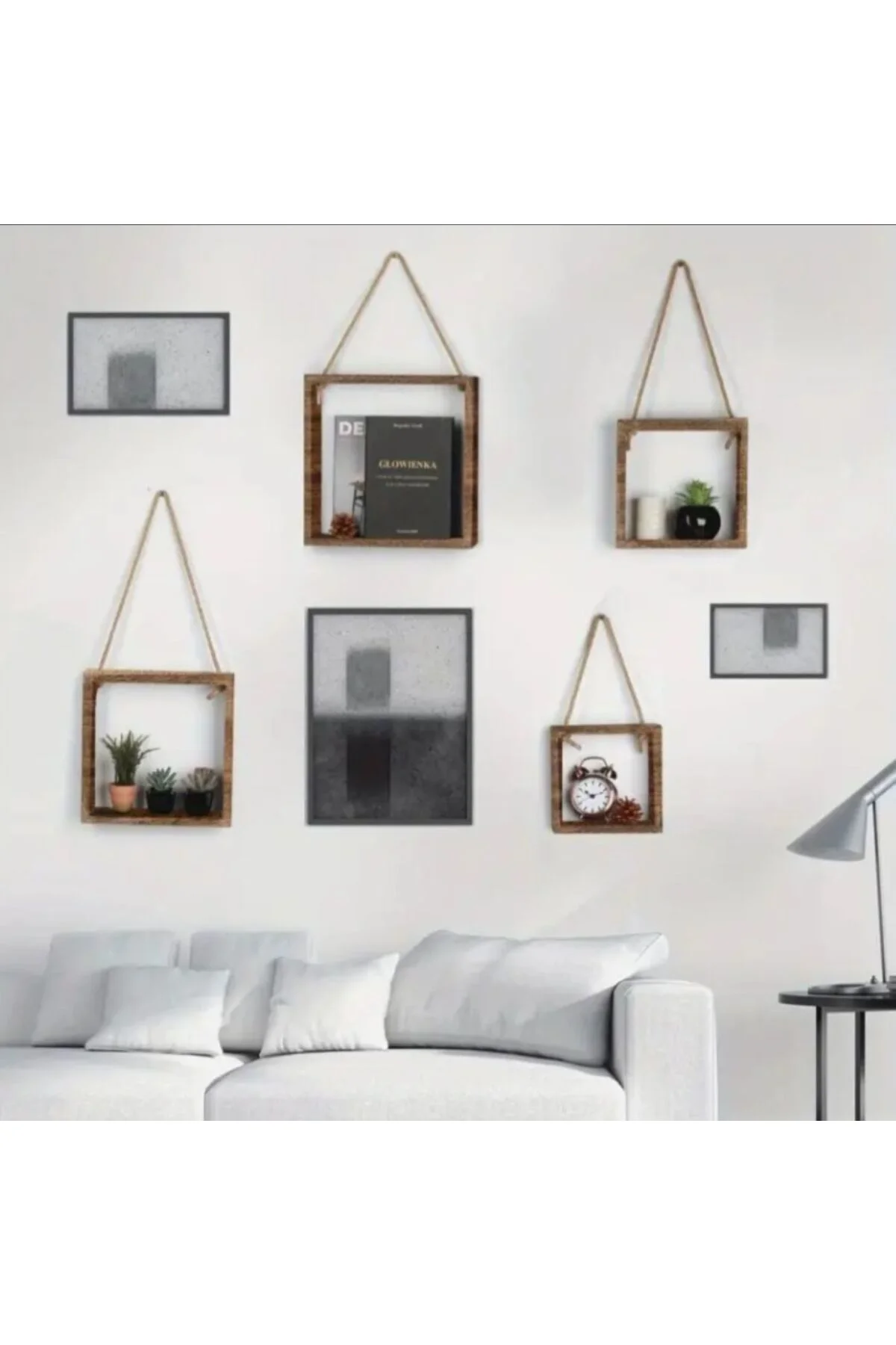 wooden by boss 4'lü ikonik halatlı kare duvar rafı rustik,mimalis