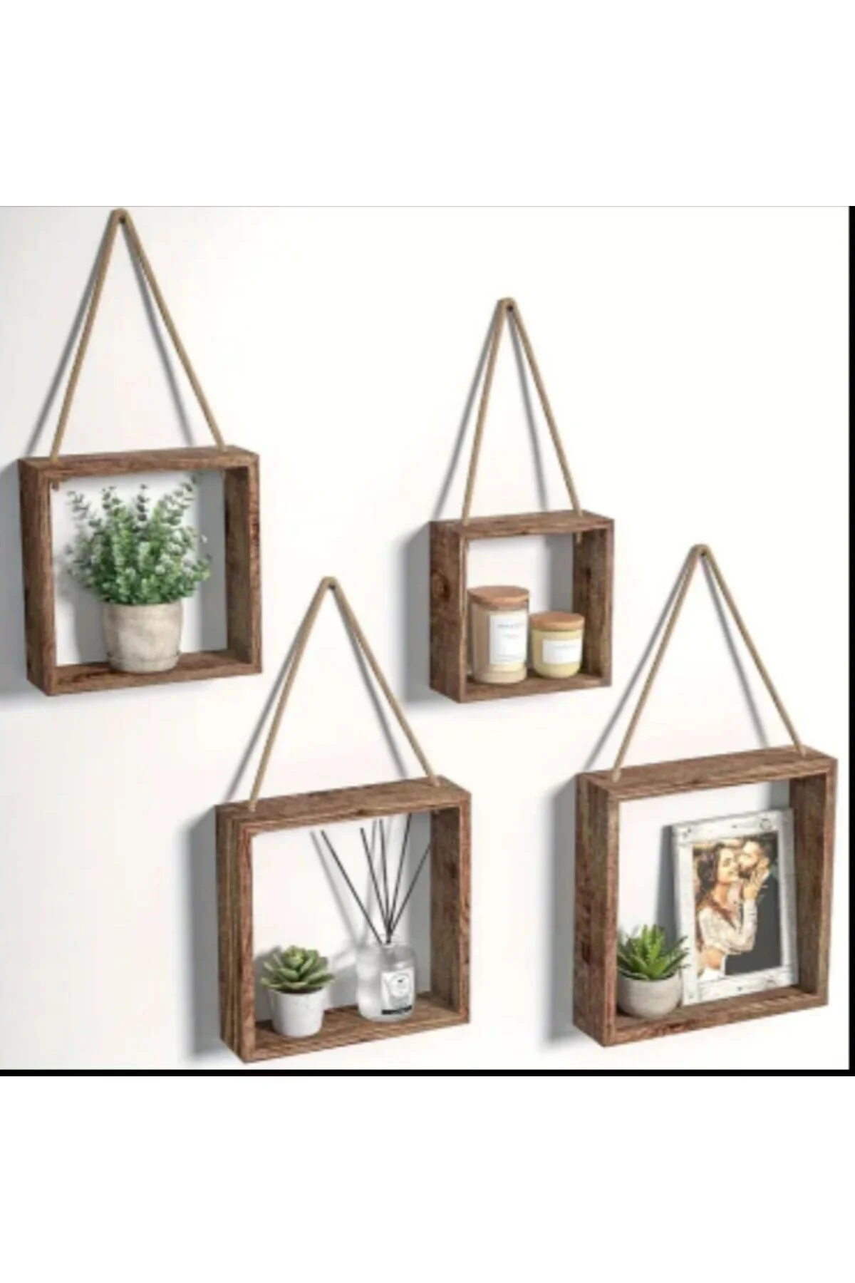 wooden by boss 4'lü ikonik halatlı kare duvar rafı rustik,mimalis