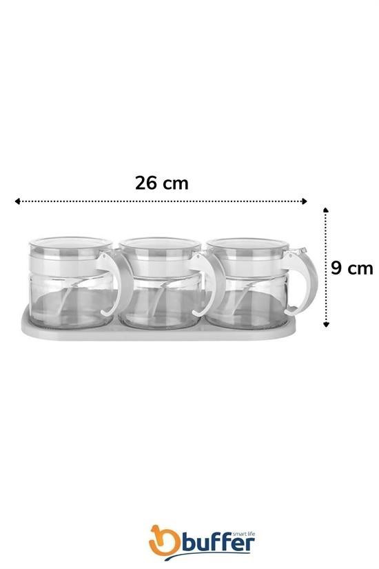 Woody Sofia  Beyaz 3lü Standlı Kapaklı Kaşıklı Cam Hava Sızdırmaz