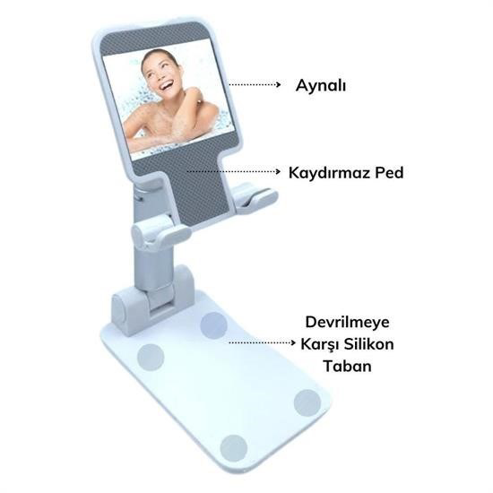 Woody Sofia Beyaz  Aynalı Cep Telefonu Sabitleyici Stand Katlanab