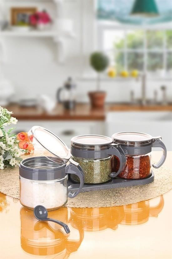 Woody Sofia   Gri  3Lü Standli Kapakli Kaşikli Cam Hava Sizdirmaz 