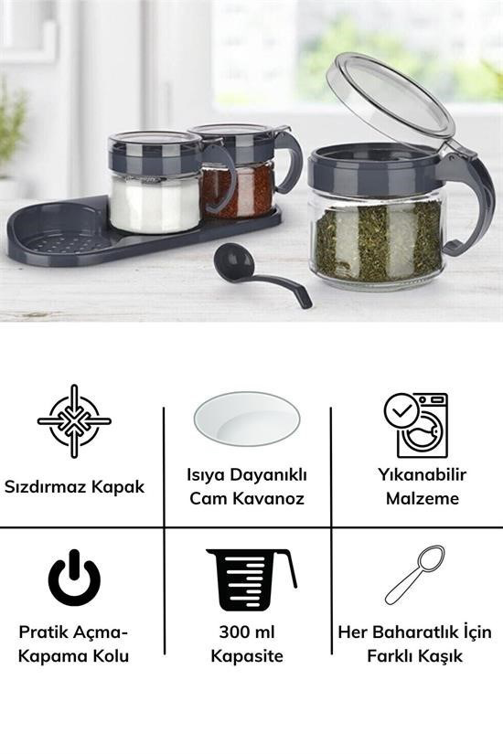 Woody Sofia   Gri  3Lü Standli Kapakli Kaşikli Cam Hava Sizdirmaz 