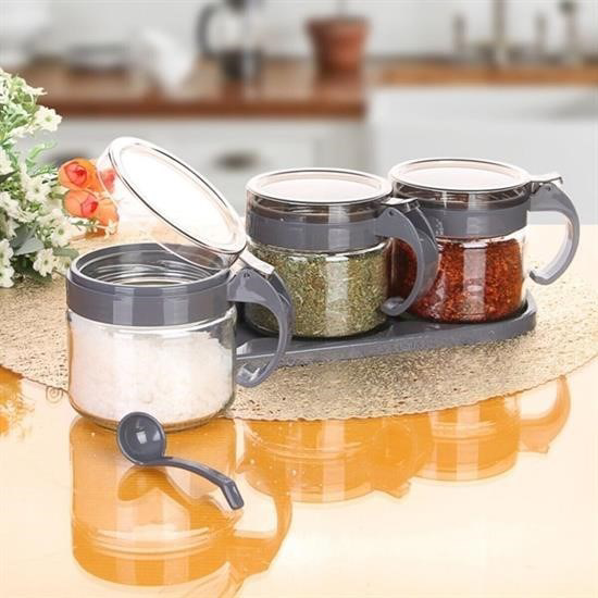 Woody Sofia   Gri  3Lü Standli Kapakli Kaşikli Cam Hava Sizdirmaz 