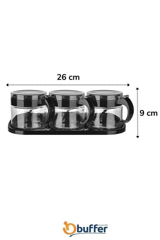 Woody Sofia   Siyah 3Lü Standli Kapakli Kaşikli Cam Hava Sizdirmaz