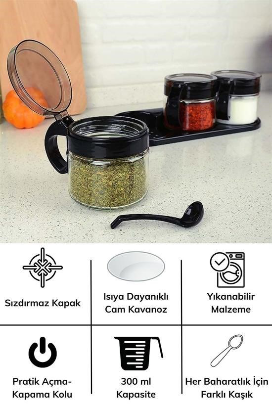 Woody Sofia   Siyah 3Lü Standli Kapakli Kaşikli Cam Hava Sizdirmaz