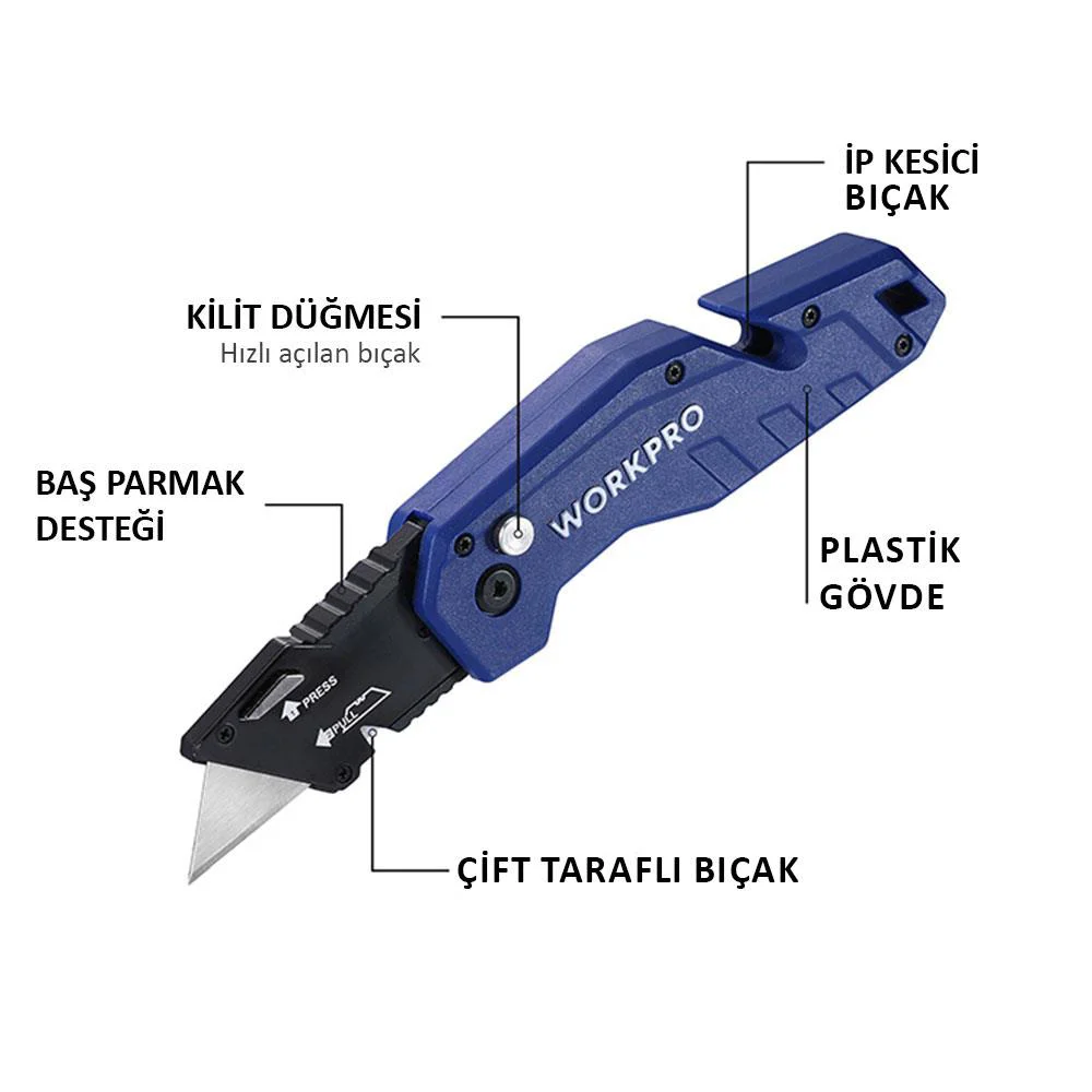 WORKPRO WP211008 Profesyonel Katlanır Çok Amaçlı Rötuş Maket Bıçağı + 10 Adet Yedek Bıçak WORKPRO WP211008 Profesyonel Katlanır Çok Amaçlı Rötuş Maket Bıçağı + 10 Adet Yedek Bıçak