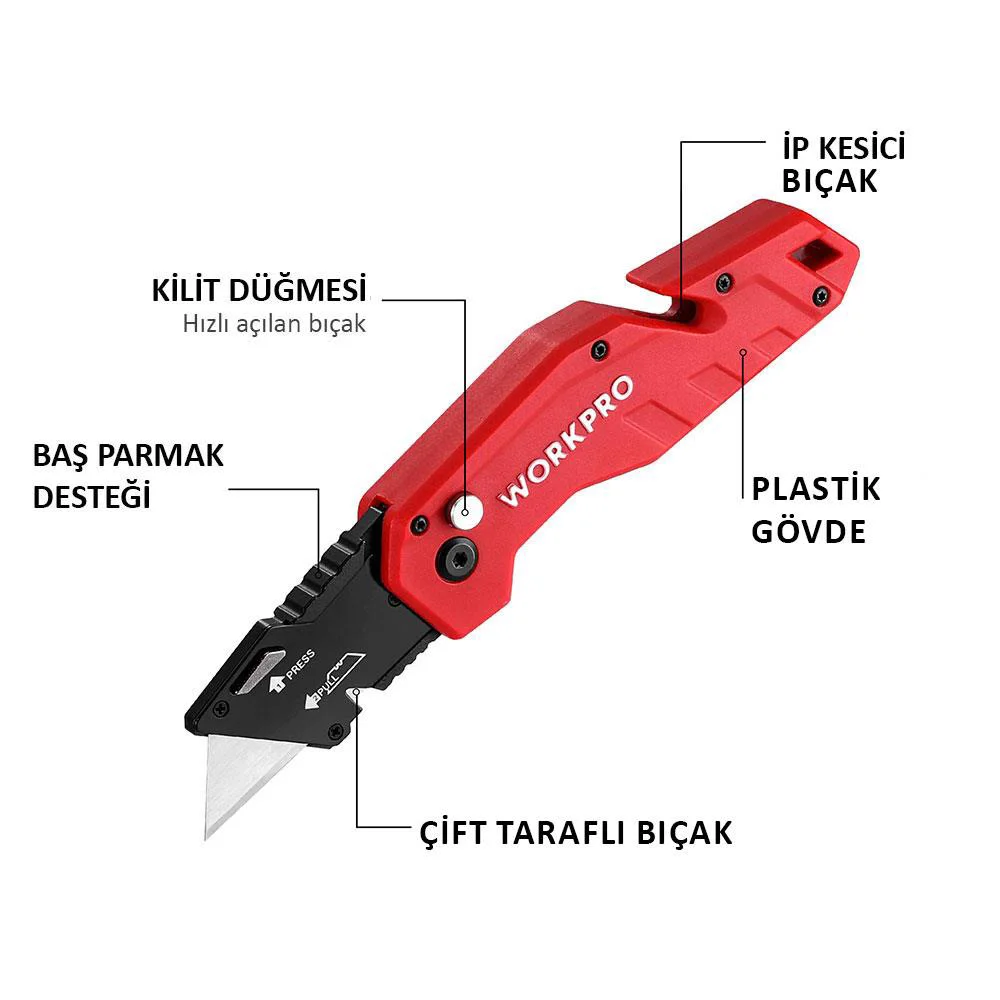 WORKPRO WP211018 Profesyonel Katlanır Çok Amaçlı Rötuş Maket Bıçağı + 10 Adet Yedek Bıçak WORKPRO WP211018 Profesyonel Katlanır Çok Amaçlı Rötuş Maket Bıçağı + 10 Adet Yedek Bıçak