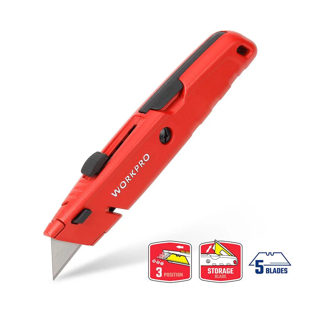 WORKPRO WP213009 Ağır Hizmet Alüminyum Gövde Geri Çekilebilir Rötuş Maket Bıçağı + 5 Adet Yedek Bıçak WORKPRO WP213009 Ağır Hizmet Alüminyum Gövde Geri Çekilebilir Rötuş Maket Bıçağı + 5 Adet Yedek Bıçak