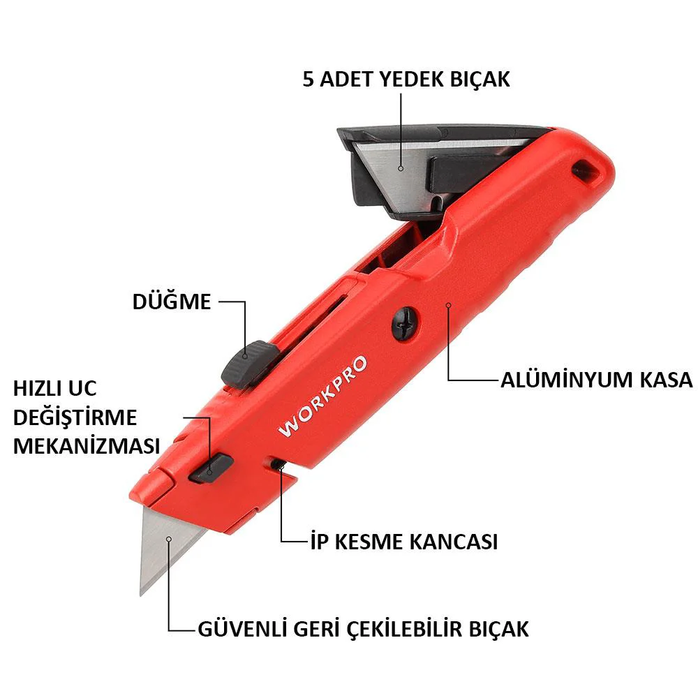 WORKPRO WP213009 Ağır Hizmet Alüminyum Gövde Geri Çekilebilir Rötuş Maket Bıçağı + 5 Adet Yedek Bıçak WORKPRO WP213009 Ağır Hizmet Alüminyum Gövde Geri Çekilebilir Rötuş Maket Bıçağı + 5 Adet Yedek Bıçak