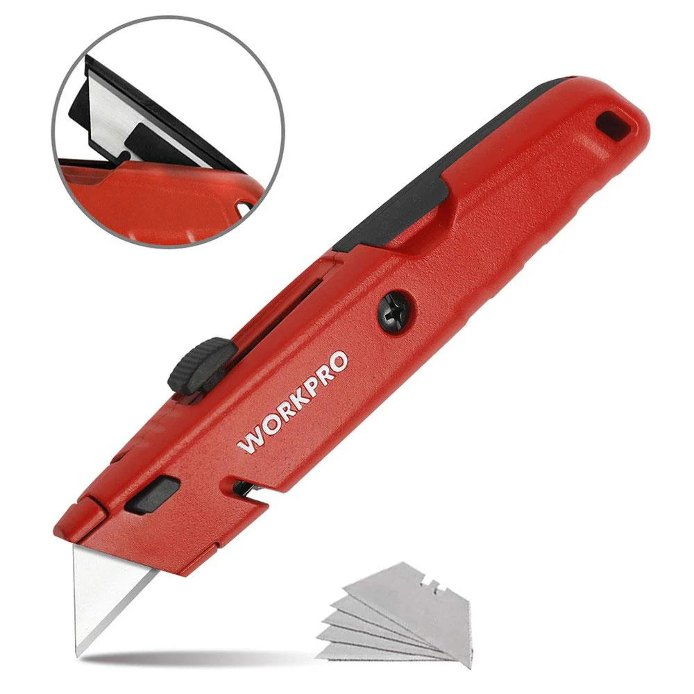 WORKPRO WP213009 Ağır Hizmet Alüminyum Gövde Geri Çekilebilir Rötuş Maket Bıçağı + 5 Adet Yedek Bıçak WORKPRO WP213009 Ağır Hizmet Alüminyum Gövde Geri Çekilebilir Rötuş Maket Bıçağı + 5 Adet Yedek Bıçak