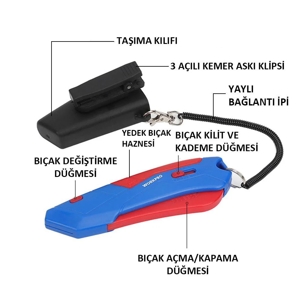 WORKPRO WP213010 Kemer Askı Kancalı Otomatik Geri Çekilebilir Mandallı Rötuş Maket Bıçağı + 3 Adet Yedek Bıçak WORKPRO WP213010 Kemer Askı Kancalı Otomatik Geri Çekilebilir Mandallı Rötuş Maket Bıçağı + 3 Adet Yedek Bıçak
