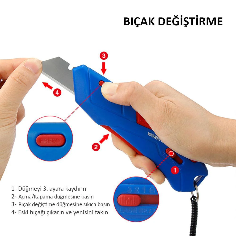 WORKPRO WP213010 Kemer Askı Kancalı Otomatik Geri Çekilebilir Mandallı Rötuş Maket Bıçağı + 3 Adet Yedek Bıçak WORKPRO WP213010 Kemer Askı Kancalı Otomatik Geri Çekilebilir Mandallı Rötuş Maket Bıçağı + 3 Adet Yedek Bıçak