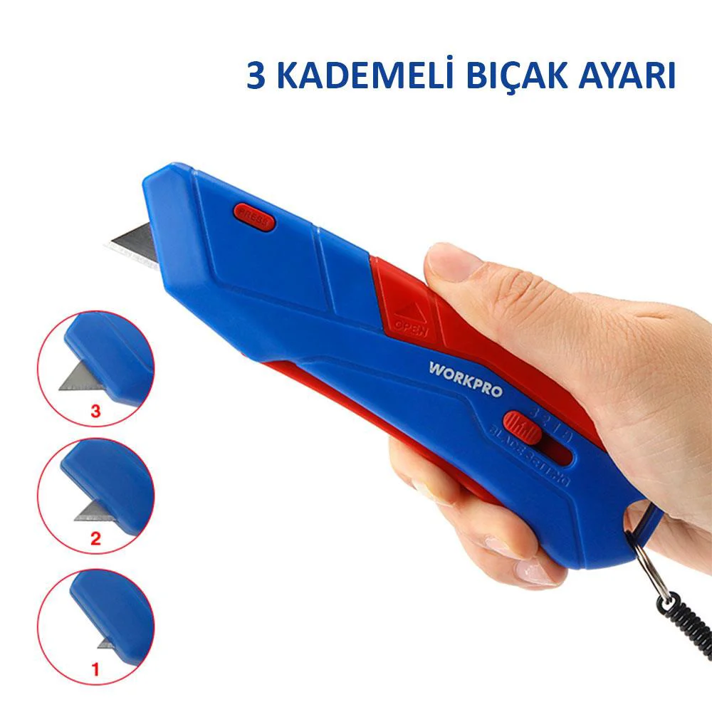 WORKPRO WP213010 Kemer Askı Kancalı Otomatik Geri Çekilebilir Mandallı Rötuş Maket Bıçağı + 3 Adet Yedek Bıçak WORKPRO WP213010 Kemer Askı Kancalı Otomatik Geri Çekilebilir Mandallı Rötuş Maket Bıçağı + 3 Adet Yedek Bıçak