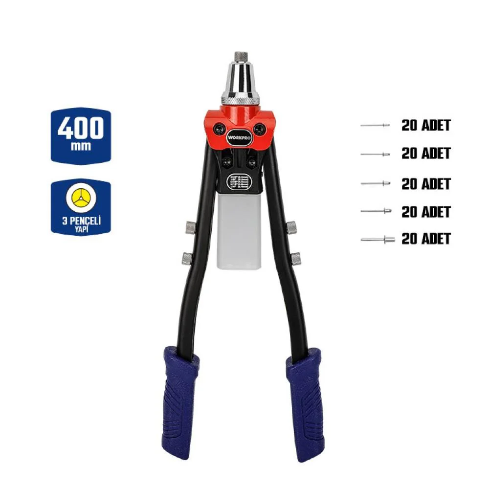 WORKPRO WP225001 5 IN 1 400mm Kollu Profesyonel Perçin Tabancası + 100 Adet Perçin WORKPRO WP225001 5 IN 1 400mm Kollu Profesyonel Perçin Tabancası + 100 Adet Perçin