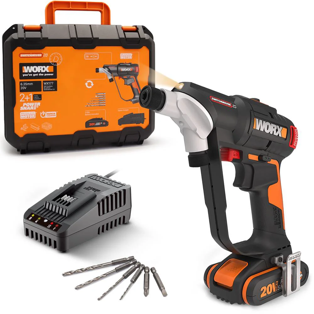 WORX WX177 20Volt/2.0Ah Li-ion Döner Kafa ve Çift Mandrenli Profesyonel Kömürsüz Şarjlı Matkap + 6 Parça Uç WORX WX177 20Volt/2.0Ah Li-ion Döner Kafa ve Çift Mandrenli Profesyonel Kömürsüz Şarjlı Matkap + 6 Parça Uç