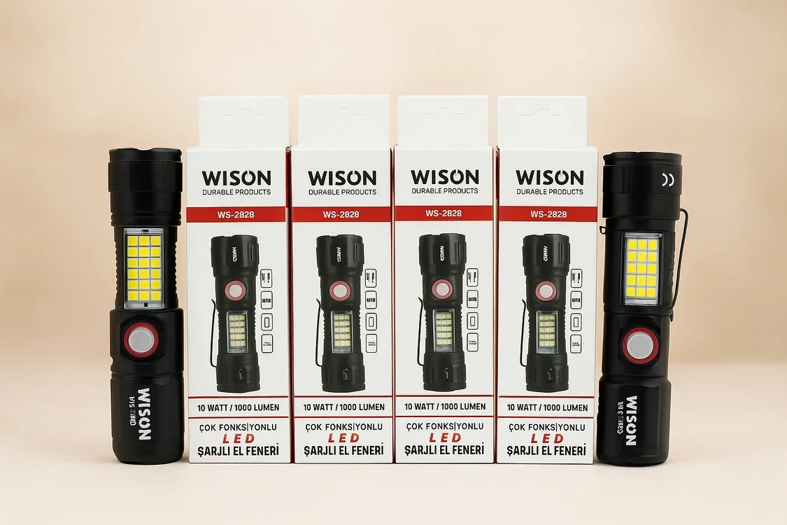 WS-2828 Ultra USB Şarjlı Polis El Feneri, Bekçi, Asker El Feneri Kırmızı Mavi Çakarlı 1000 Lümen