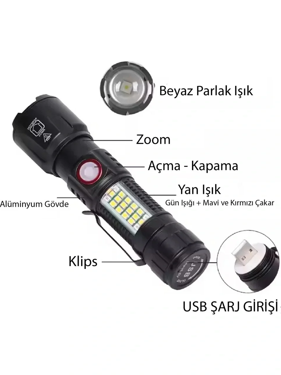 WS-2828 Ultra USB Şarjlı Polis El Feneri, Bekçi, Asker El Feneri Kırmızı Mavi Çakarlı 1000 Lümen