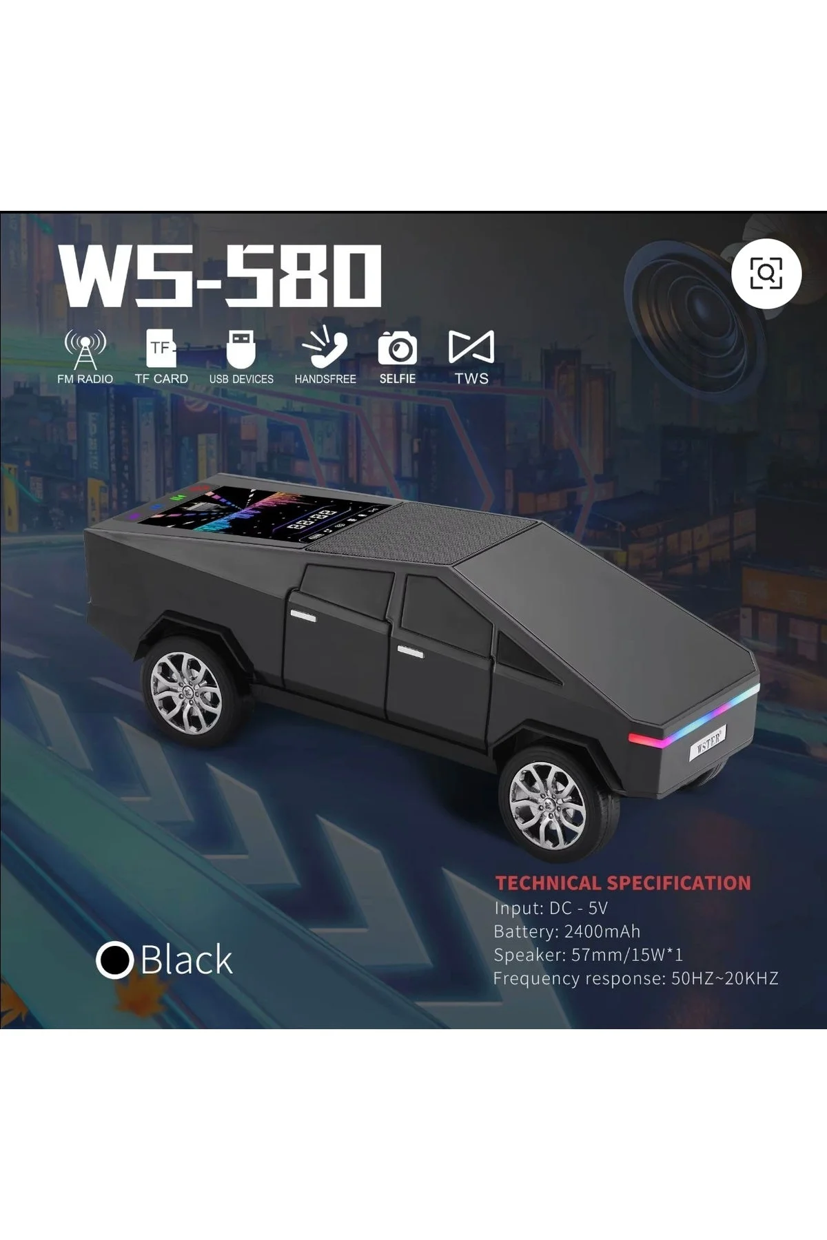 WS-580 Araç Hoparlörü - Cybertruck Tasarımlı LED Işıklı Müzik Hoparlörü