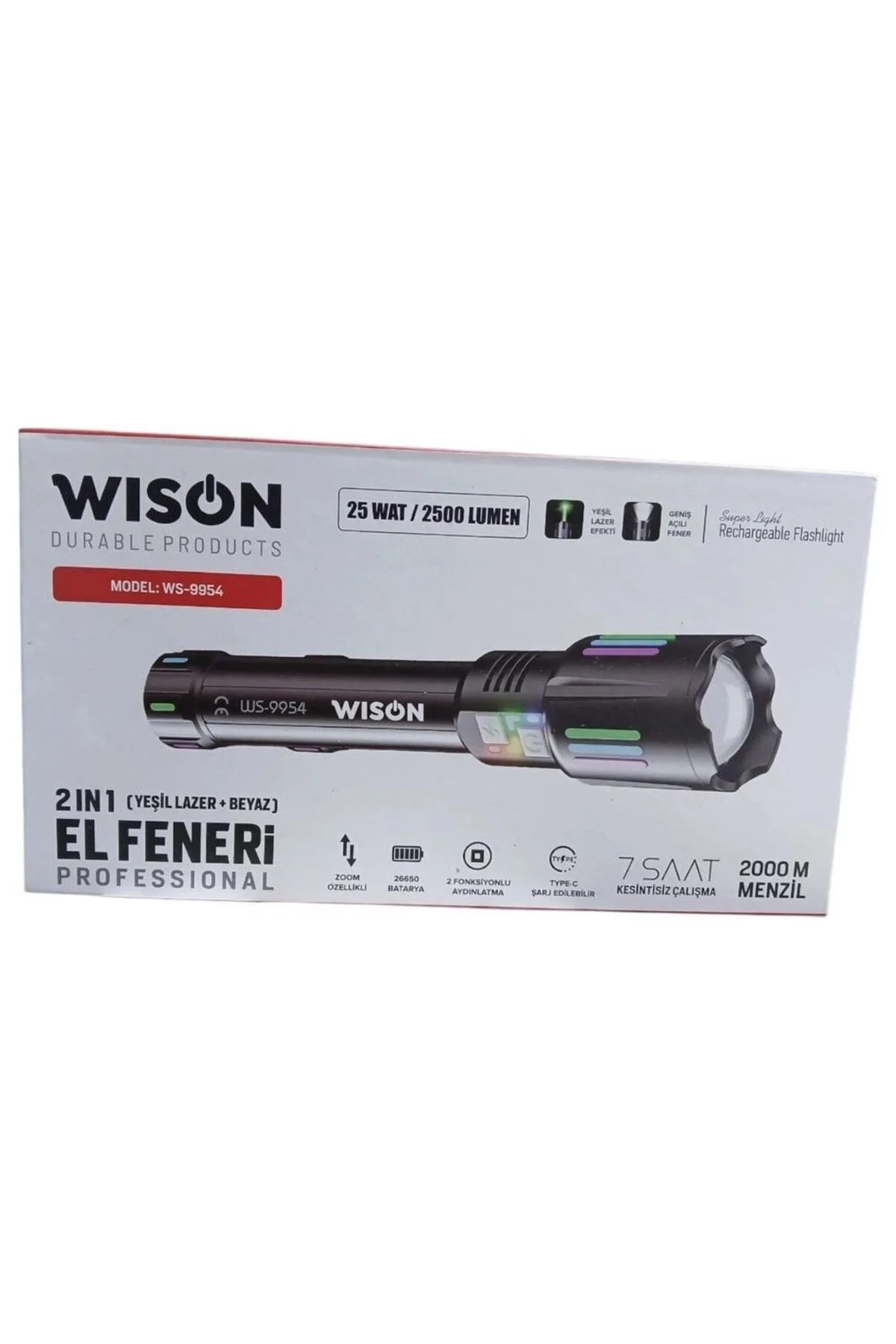 Ws-9954 25w Zoomlu Yeşil Lazerli Metal Şarjlı El Feneri