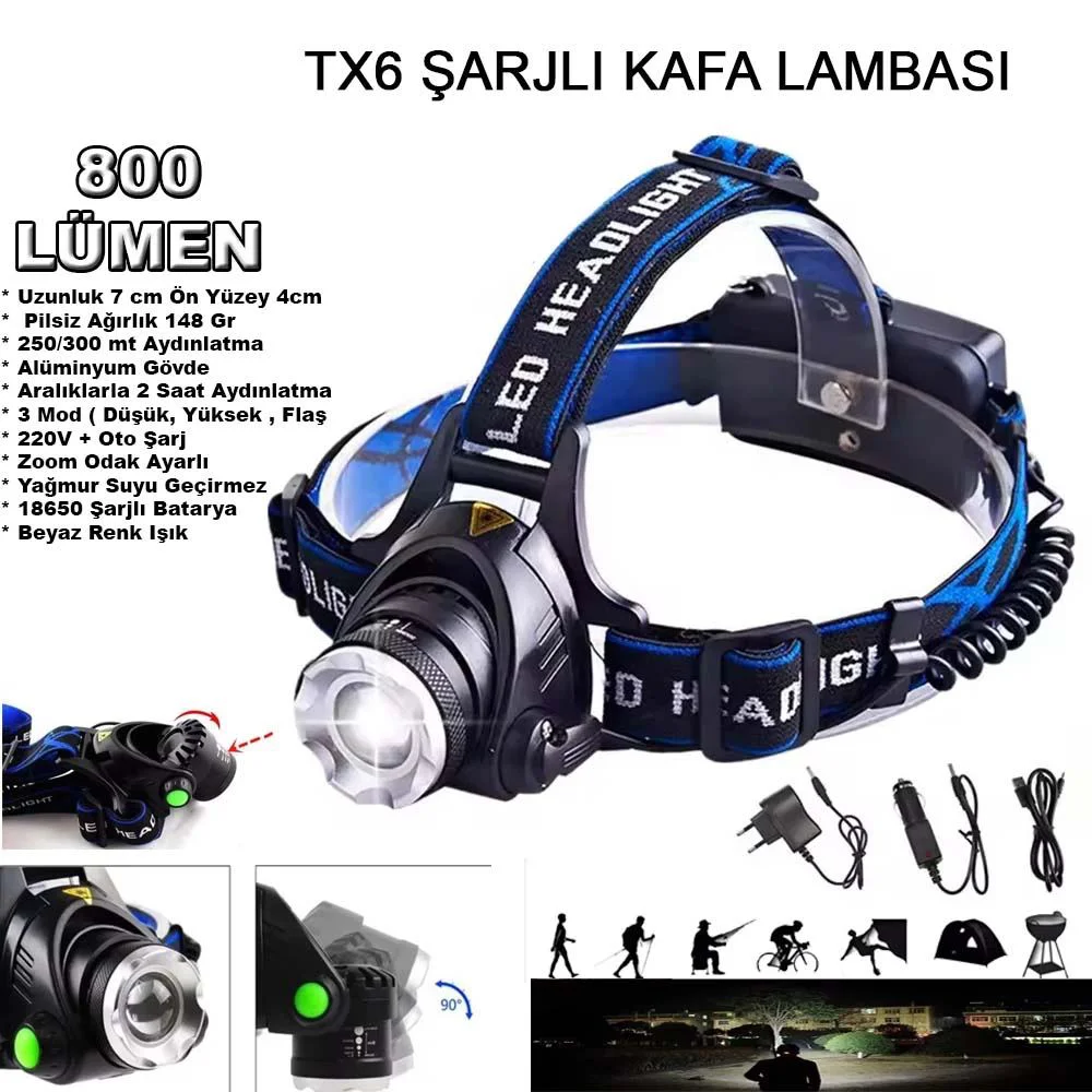 Wt-120 800 Lümen TX6 LED Şarjlı Zoomlu Kafa Feneri Fiyatı, Yorumları ve Özellikleri
