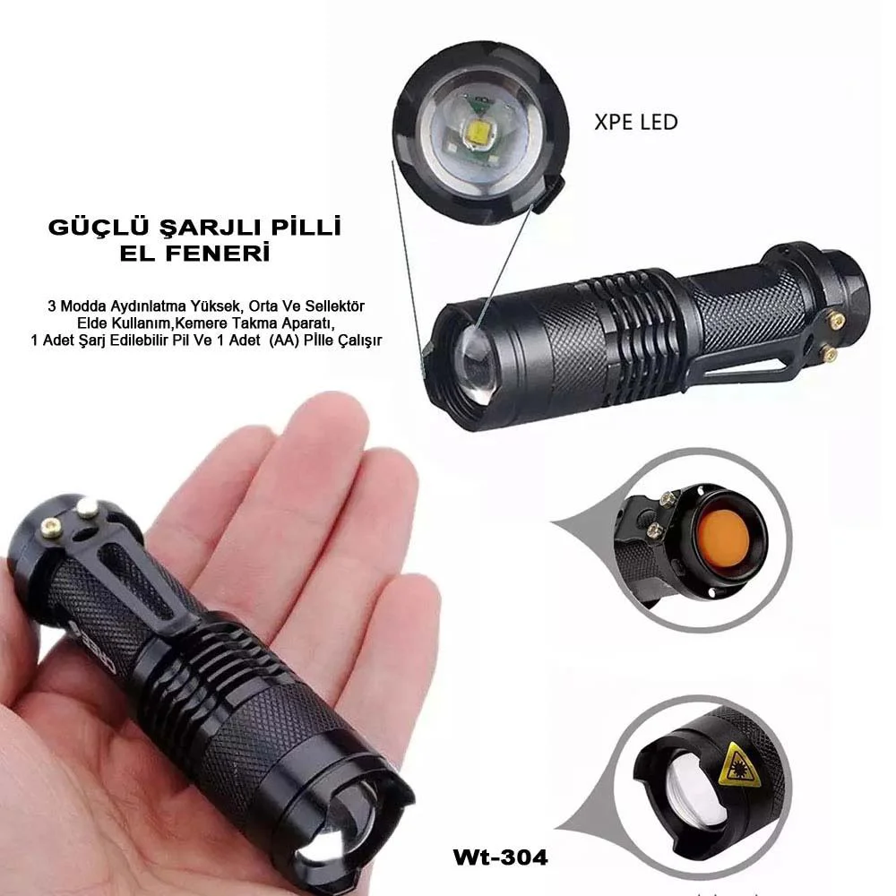 Wt-304 Mini Şarjlı El Feneri - Zoom LED, 200mt Menzil Fiyatı, Yorumları ve Özellikleri