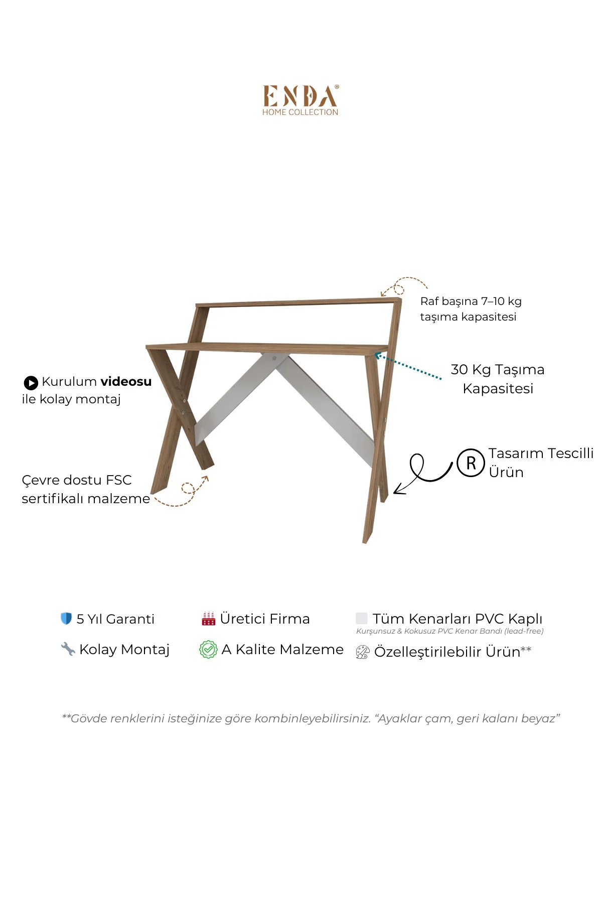 X Ayaklı Raflı Ders Çalışma Masası 50x90 Cm Çam