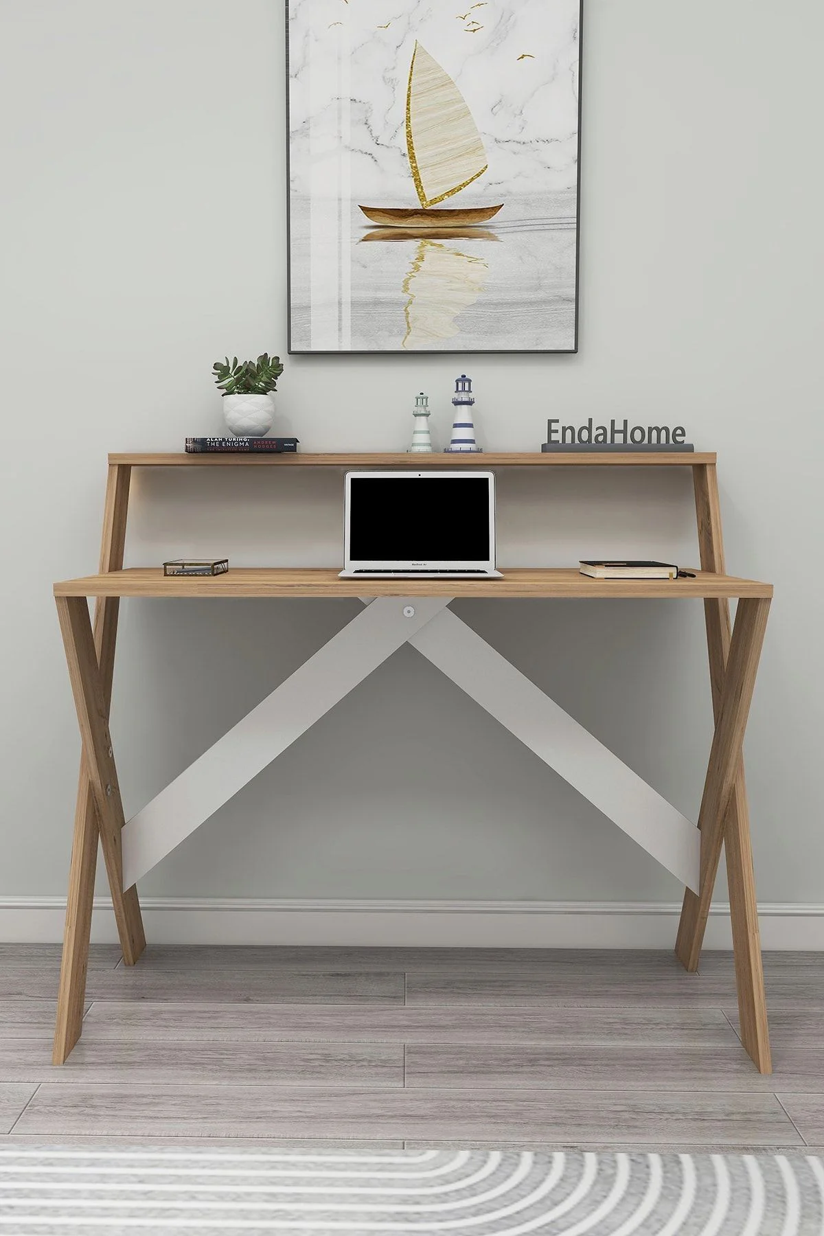 X Ayaklı Raflı Ders Çalışma Masası 50x90 cm Antrasit - Beyaz