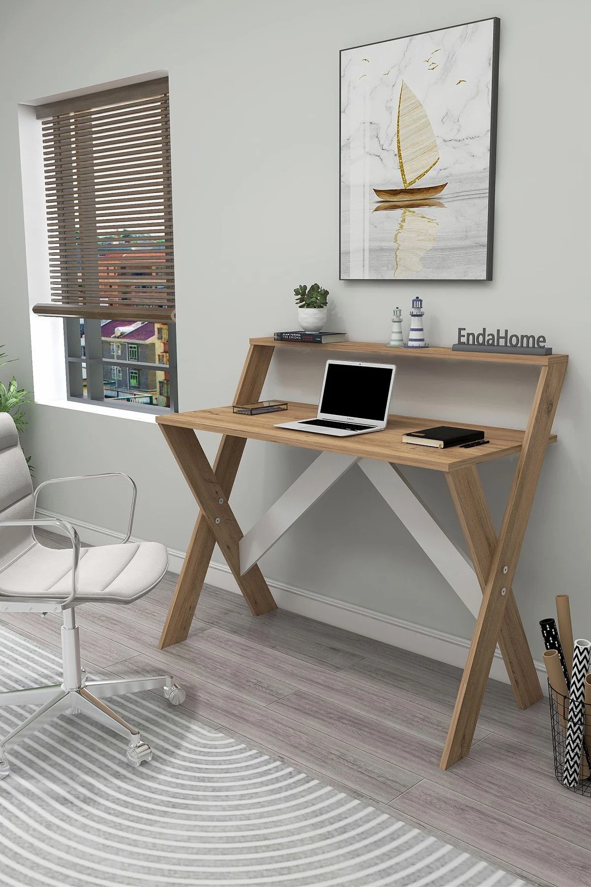 X Ayaklı Raflı Ders Çalışma Masası 50x90 cm Antrasit - Beyaz