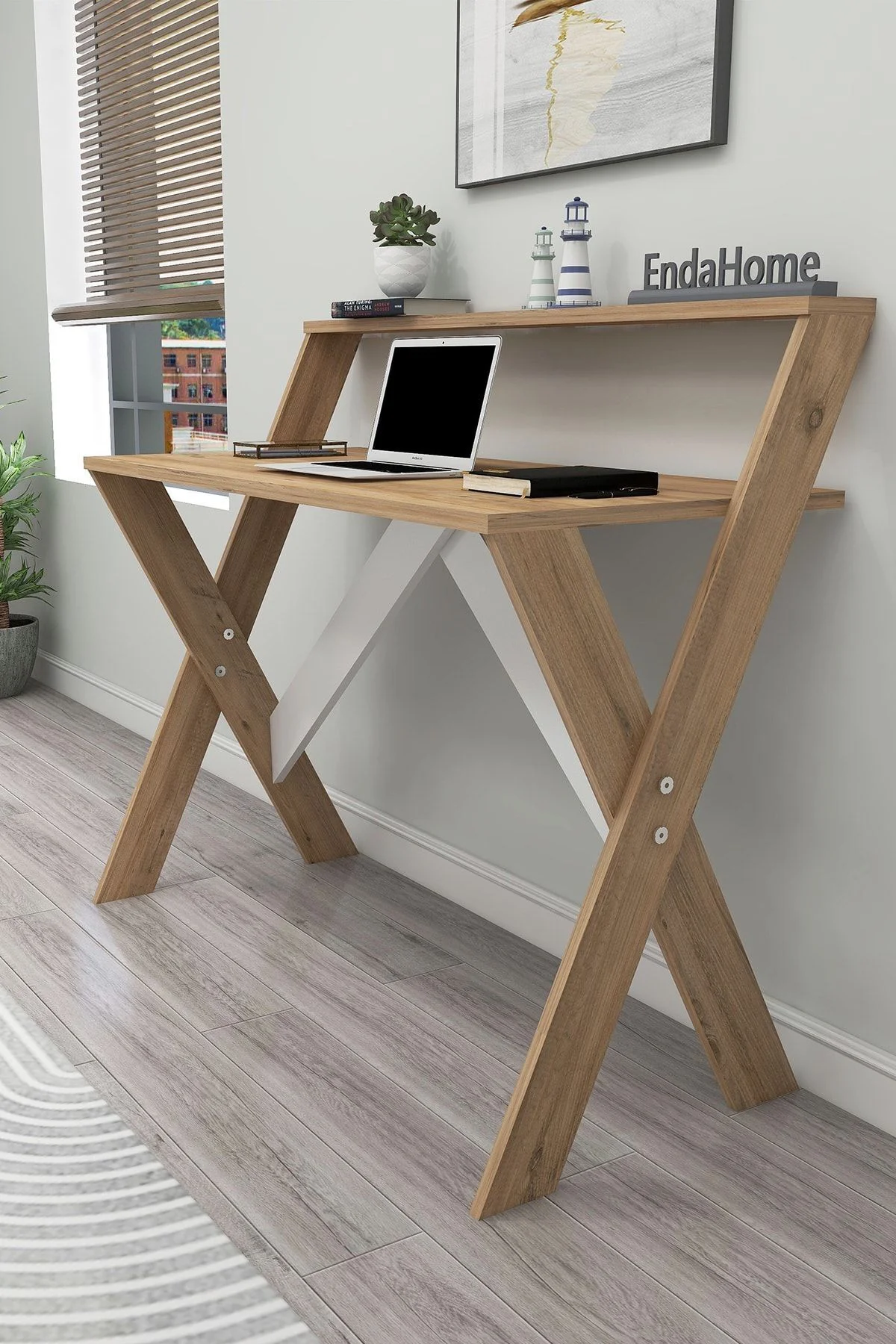 X Ayaklı Raflı Ders Çalışma Masası 50x90 cm Antrasit - Beyaz