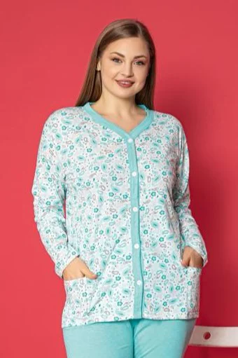 X-Dreamy Büyük Beden Pamuklu Cepli Çiçekli Önden Düğmeli Pijama Takımı, Mavi, XL