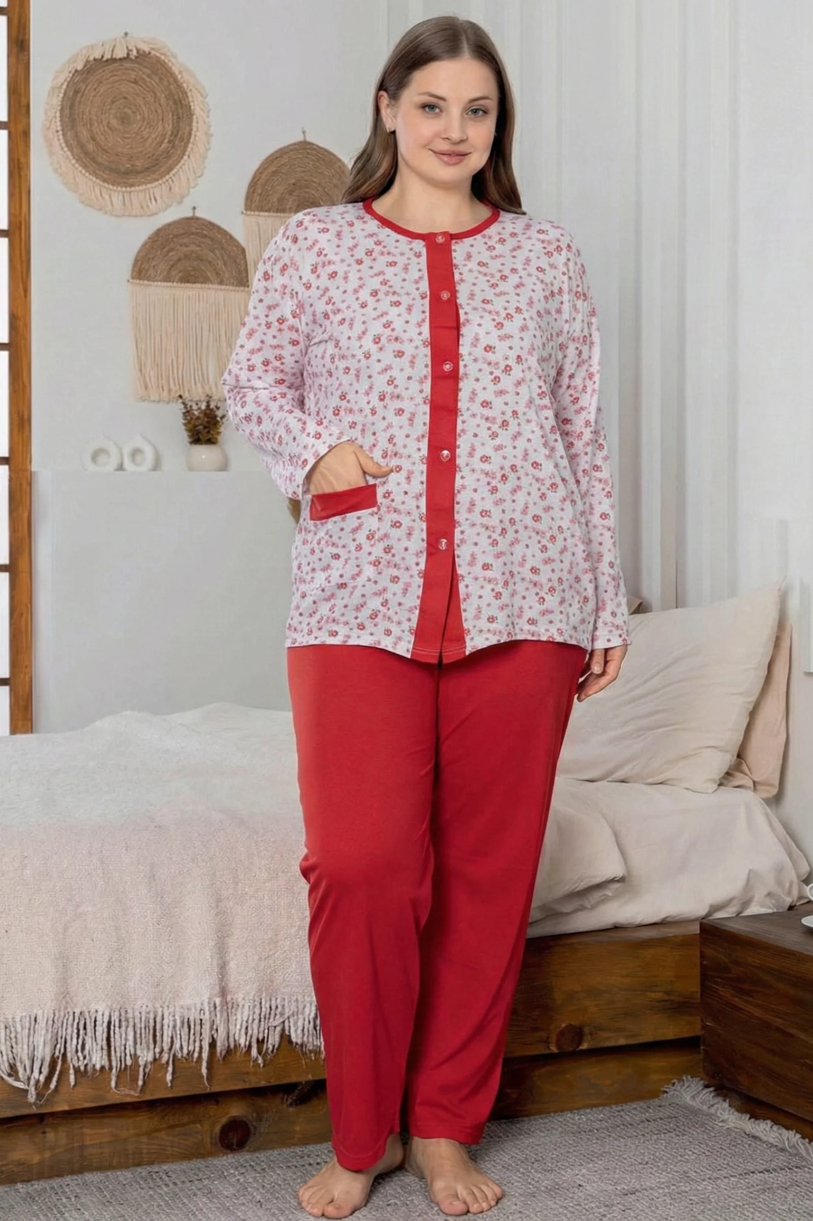 X-Dreamy Büyük Beden Pamuklu Cepli Çiçekli Önden Düğmeli Pijama Takımı, Kırmızı, 3XL