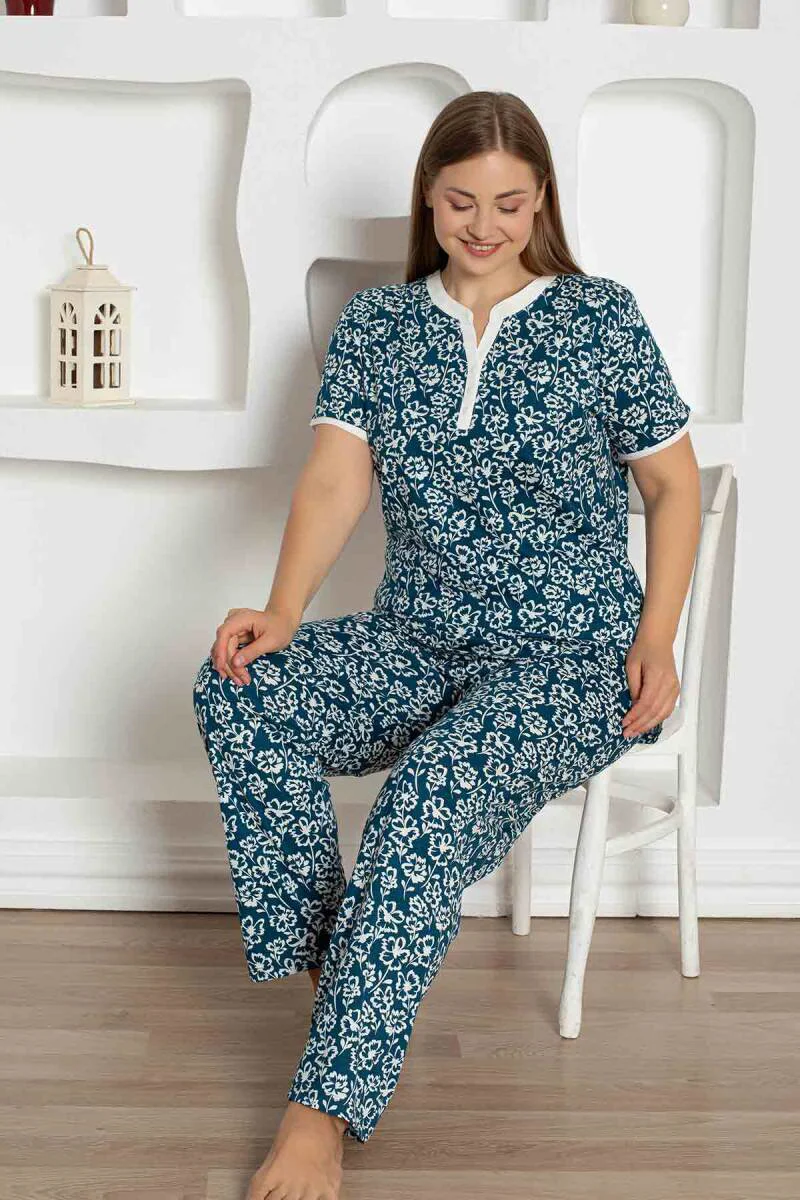 X-Dreamy Büyük Beden Likralı Pamuklu Çiçekli Kısa Kollu Pijama Takımı, İndigo, 5XL