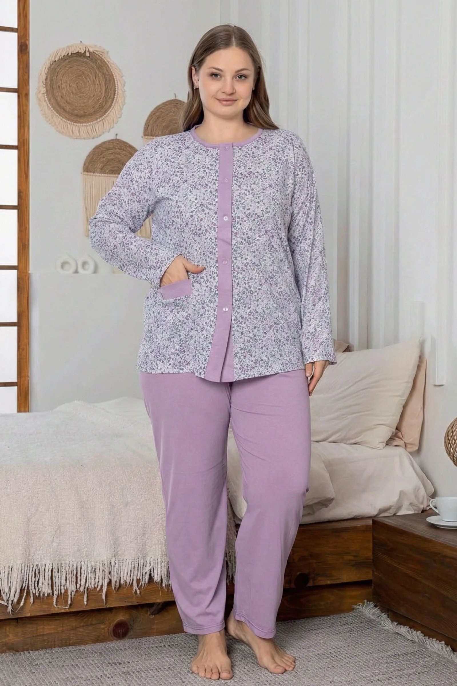 X-Dreamy Büyük Beden Pamuklu Cepli Çiçekli Önden Düğmeli Pijama Takımı, Pembe, XL