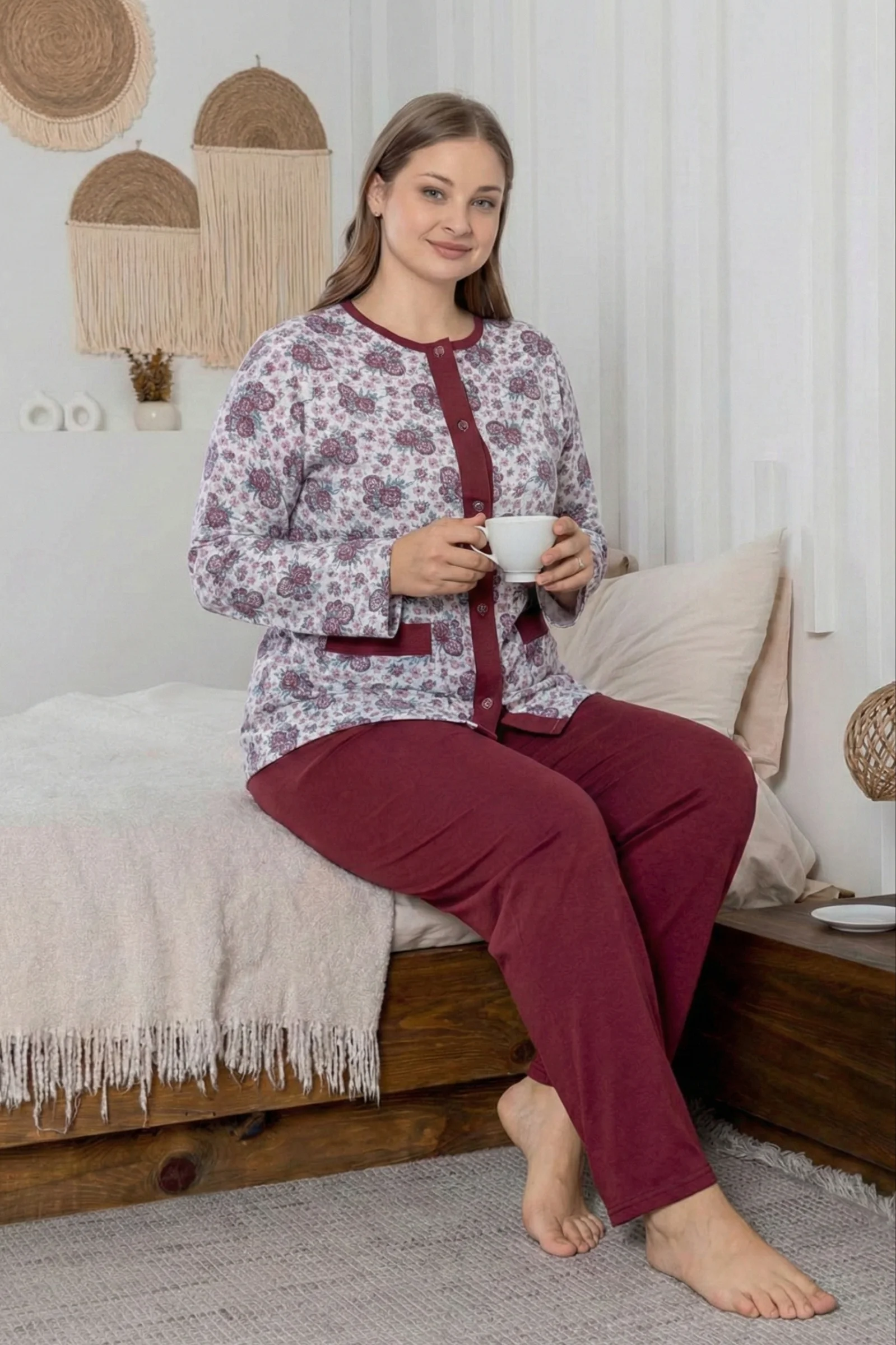 X-Dreamy Büyük Beden Pamuklu Cepli Çiçekli Önden Düğmeli Pijama Takımı, Bordo, XL Fiyatı, Yorumları ve Özellikleri