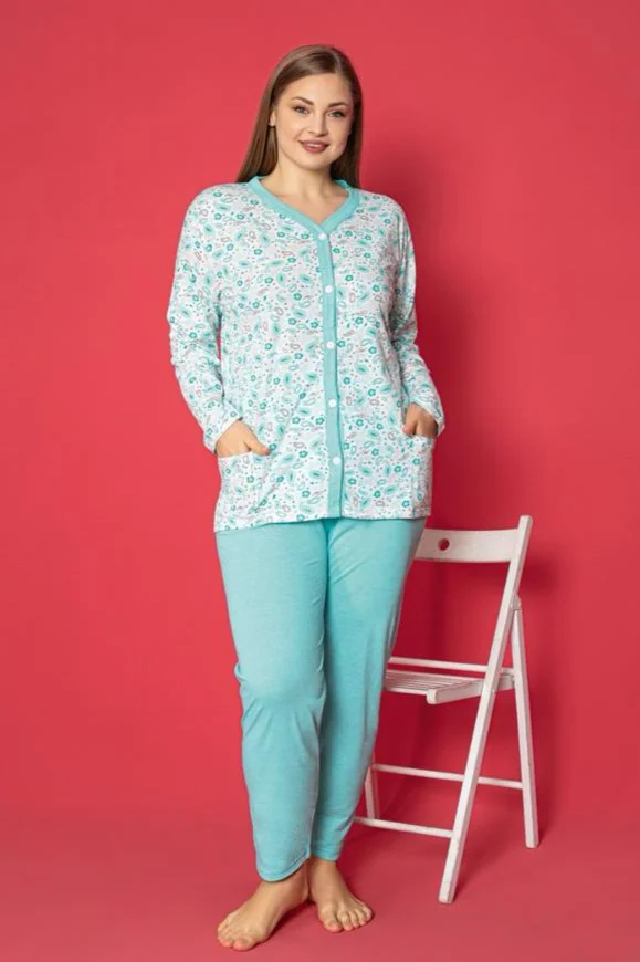 X-Dreamy Büyük Beden Pamuklu Cepli Çiçekli Önden Düğmeli Pijama Takımı, Mavi, XL