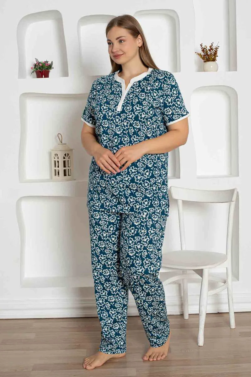 X-Dreamy Büyük Beden Likralı Pamuklu Çiçekli Kısa Kollu Pijama Takımı, İndigo, 5XL