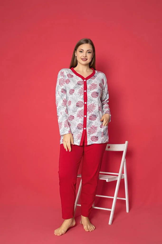 X-Dreamy Büyük Beden Pamuklu Cepli Çiçekli Önden Düğmeli Pijama Takımı, Kırmızı, 3XL