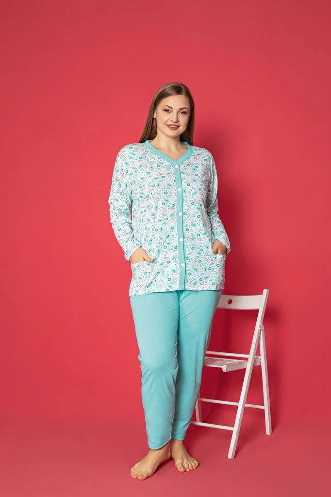 X-Dreamy Büyük Beden Pamuklu Cepli Çiçekli Önden Düğmeli Pijama Takımı, Mavi, 2XL