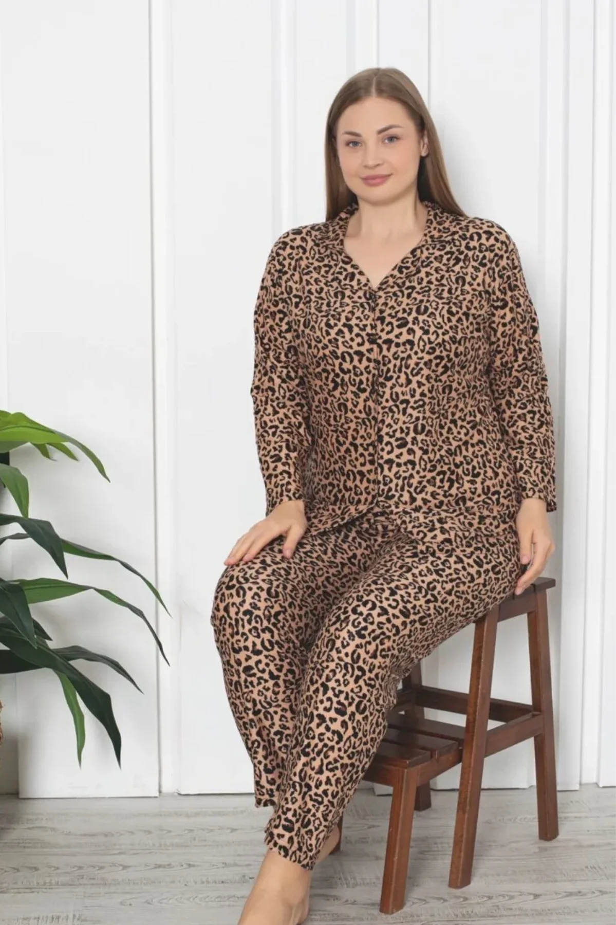 X-Dreamy Büyük Beden Pamuklu Süet Bambu Düğmeli Pijama Takımı, Leopar, 2XL