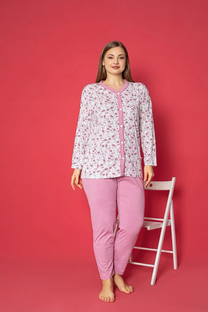 X-Dreamy Büyük Beden Pamuklu Cepli Çiçekli Önden Düğmeli Pijama Takımı, Pembe, 2XL