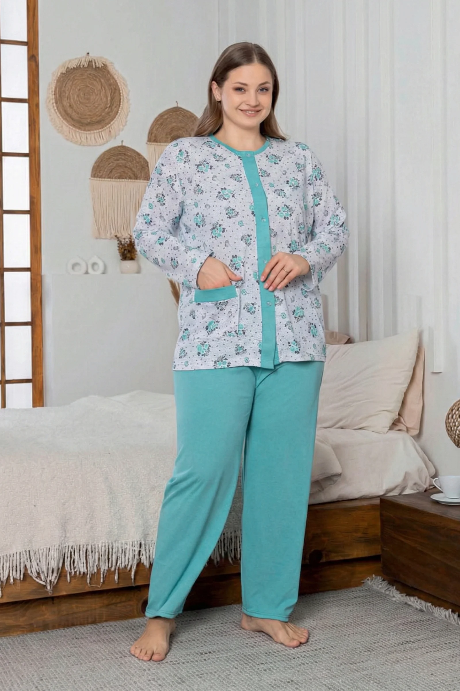 X-Dreamy Büyük Beden Pamuklu Cepli Çiçekli Önden Düğmeli Pijama Takımı, Yeşil, XL Fiyatı, Yorumları ve Özellikleri