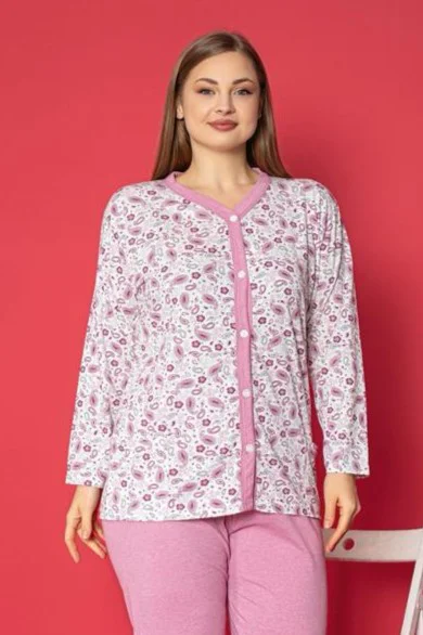 X-Dreamy Büyük Beden Pamuklu Cepli Çiçekli Önden Düğmeli Pijama Takımı, Pembe, 2XL